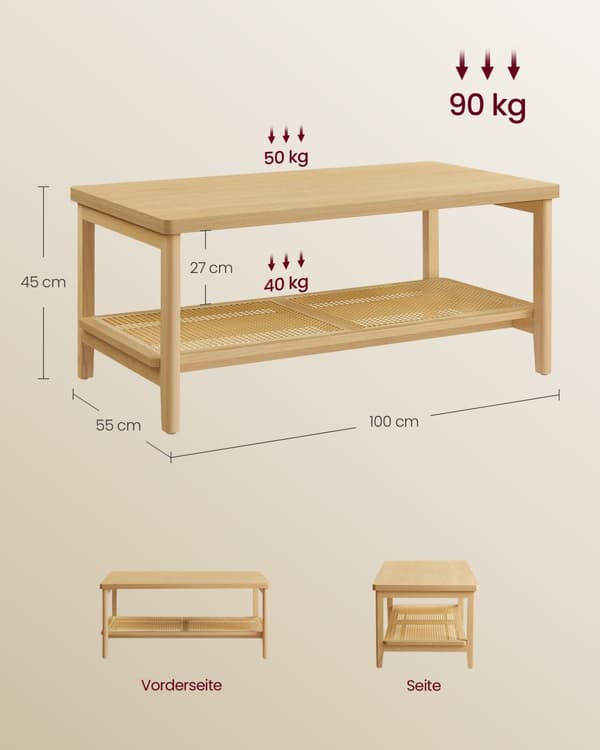 2-trins sofabord med opbevaring, sofabord til stuen, bord med opbevaringshylde i PVC-rattan, afrundede hjørner, boho-stil, eg-beige LCT240Y57