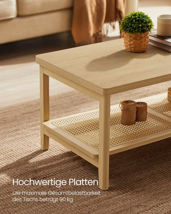 2-trins sofabord med opbevaring, sofabord til stuen, bord med opbevaringshylde i PVC-rattan, afrundede hjørner, boho-stil, eg-beige LCT240Y57
