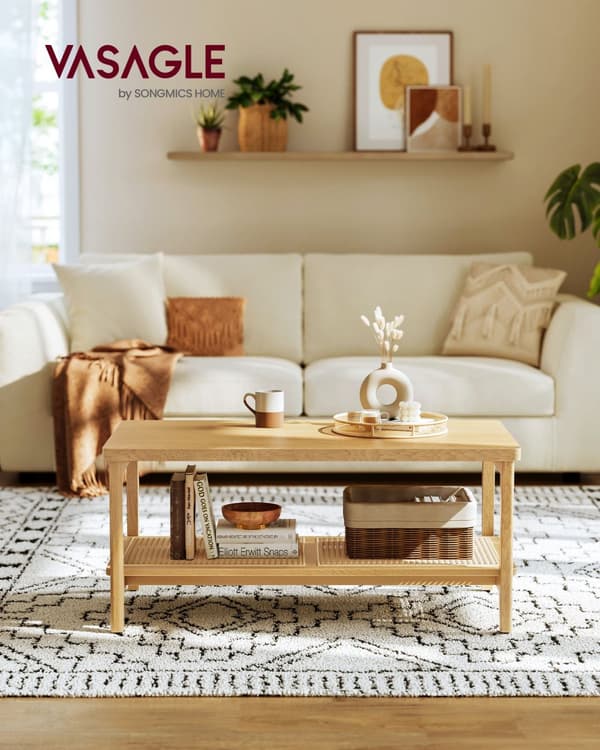 2-trins sofabord med opbevaring, sofabord til stuen, bord med opbevaringshylde i PVC-rattan, afrundede hjørner, boho-stil, eg-beige LCT240Y57