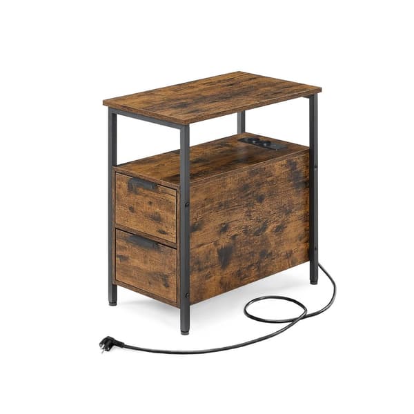 Sidobord, sängbord med eluttag, 2 lådor, soffbord, sängskåp för vardagsrum, sovrum, Vintage Brown/Classic Black, LET325B01