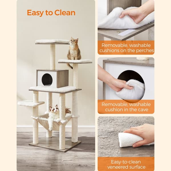 Greige PCT164G01 138 cm kattetræ Moderne kattemøbler Multi-Tier Cat Scratching Post Cuddly Cave Sisal Posts Hammock Platforms Soft Plush Washable Cus