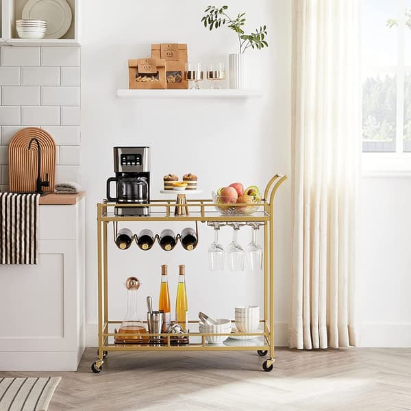 Serveringsvagn Vagn Glashållare 2 speglade glashyllor Barvagn Vinvagn Kök Matsal Bar Guld
