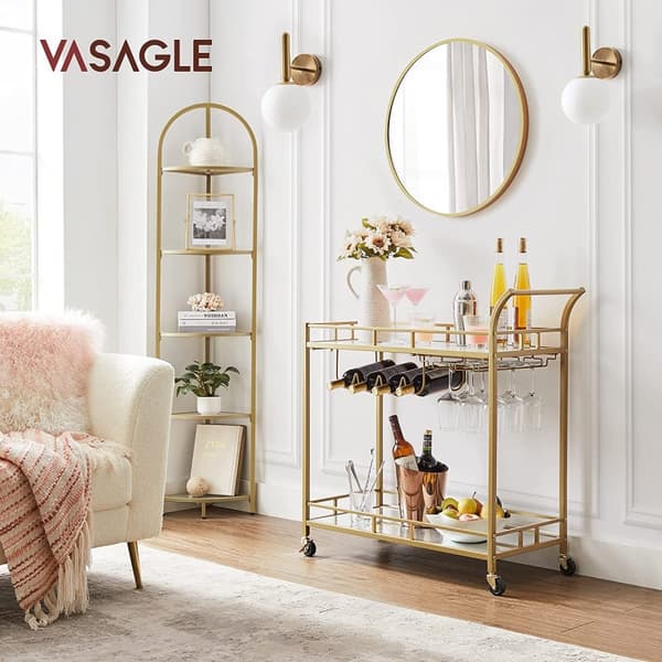 Serveringsvagn Vagn Glashållare 2 speglade glashyllor Barvagn Vinvagn Kök Matsal Bar Guld