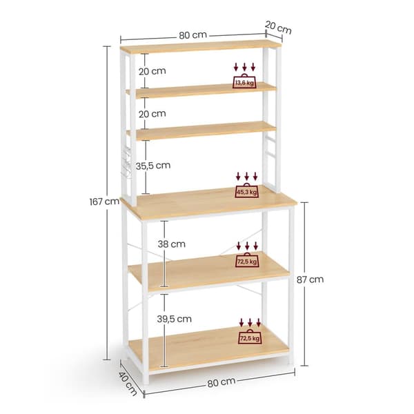 Vasagle Køkkenhyldestativ Køkkenhyldestativ, 6 hylder og kroge Stålstel, Mikrobølgestativ 40 x 80 x 167 Eg Hvid