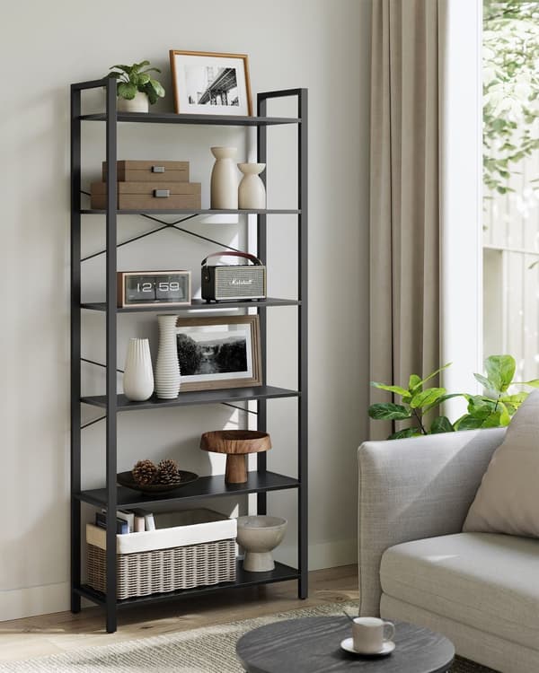 6-facks hög bokhylla, stor bokhylla, stålram, fristående hylla för vardagsrum, sovrum, hemmakontor, arbetsrum, 30 x 80 x 186 cm, industriell, Ebony B