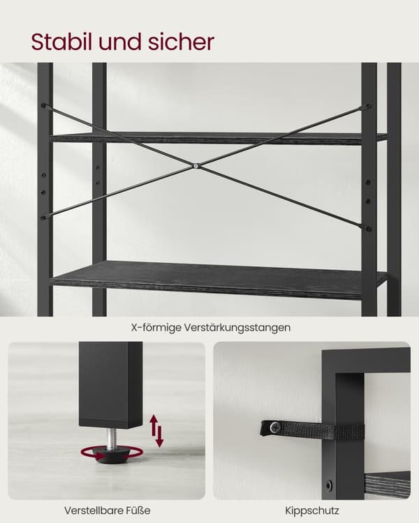6-facks hög bokhylla, stor bokhylla, stålram, fristående hylla för vardagsrum, sovrum, hemmakontor, arbetsrum, 30 x 80 x 186 cm, industriell, Ebony B