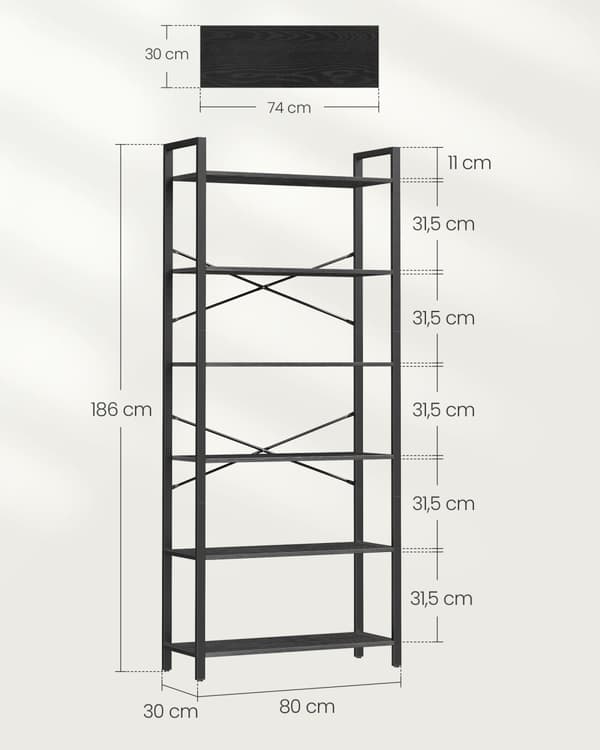 6-facks hög bokhylla, stor bokhylla, stålram, fristående hylla för vardagsrum, sovrum, hemmakontor, arbetsrum, 30 x 80 x 186 cm, industriell, Ebony B