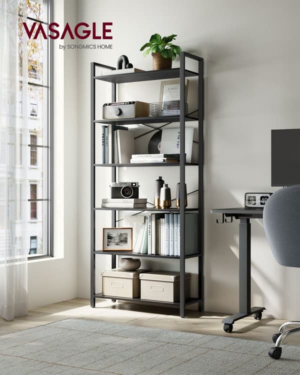 6-facks hög bokhylla, stor bokhylla, stålram, fristående hylla för vardagsrum, sovrum, hemmakontor, arbetsrum, 30 x 80 x 186 cm, industriell, Ebony B