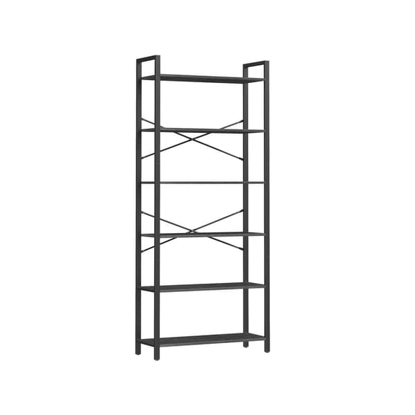 6-facks hög bokhylla, stor bokhylla, stålram, fristående hylla för vardagsrum, sovrum, hemmakontor, arbetsrum, 30 x 80 x 186 cm, industriell, Ebony B