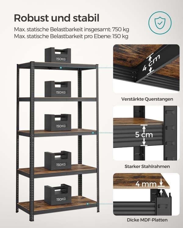 Hyllplan, 60 x 120 x 200 cm, 750 kg lastkapacitet (150 kg per hyllplan), industriella, justerbara förvaringshyllor, för vardagsrum, kök, garage, svar