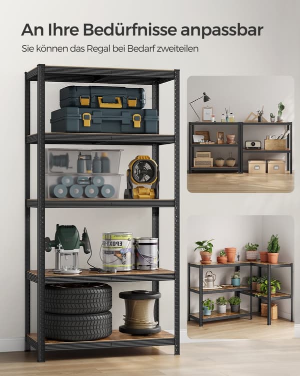 Hyllplan, 60 x 120 x 200 cm, 750 kg lastkapacitet (150 kg per hyllplan), industriella, justerbara förvaringshyllor, för vardagsrum, kök, garage, svar