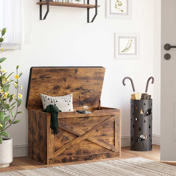 Kenkäpenkki, pehmustettu säilytyspenkki, jossa on pehmustettu istuin, säilytyskaappi, Barn-Door-tyyli, 29,9 x 15,7 x 18,9 tuumaa, Rustic Brown U