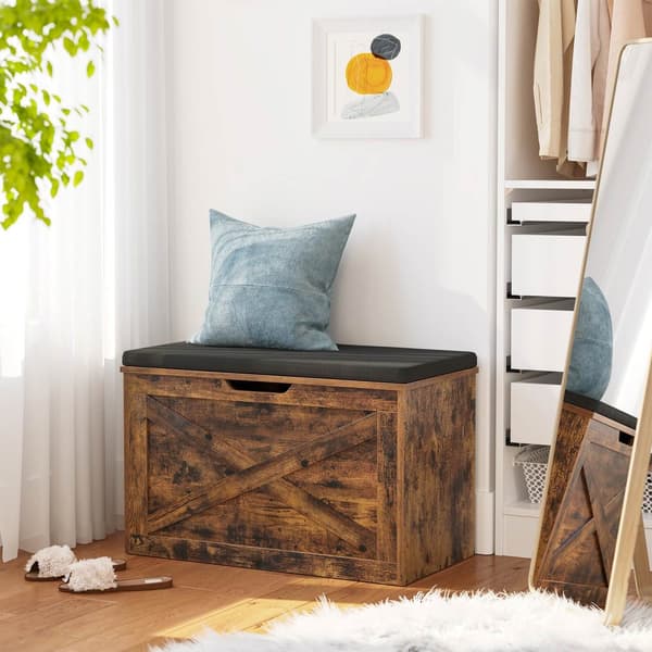 Kenkäpenkki, pehmustettu säilytyspenkki, jossa on pehmustettu istuin, säilytyskaappi, Barn-Door-tyyli, 29,9 x 15,7 x 18,9 tuumaa, Rustic Brown U
