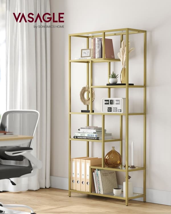 Bokhylla, 6-facks hög bokhylla, växtställ, displayhylla, 30 x 80 x 180 cm, härdat glas, för arbetsrum, kontor, vardagsrum, sovrum, kök, Metallic Gold