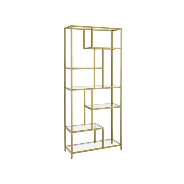 Bokhylla, 6-facks hög bokhylla, växtställ, displayhylla, 30 x 80 x 180 cm, härdat glas, för arbetsrum, kontor, vardagsrum, sovrum, kök, Metallic Gold