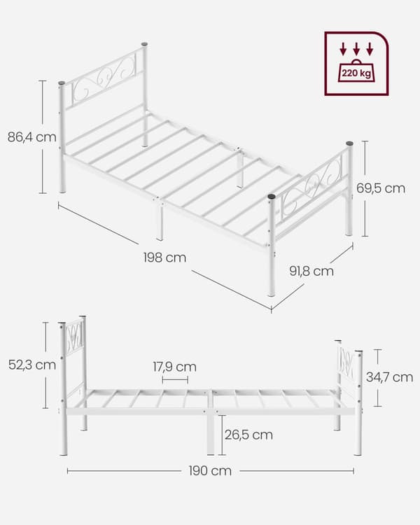 Enkel sängram Sängram Sängram Metall Sängram Passar 3ft x 7ft Madrass Gästsäng Vuxna Barn Enkel montering Små utrymmen Vit