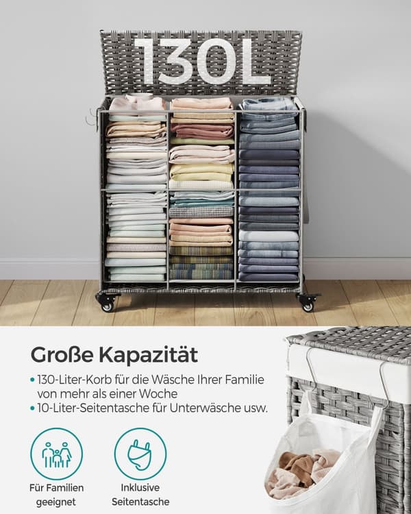 Pyykkikori, käsinkudottu pyykkikori, 140L rottinki-tyylinen pesukori, jossa on 3 lokeroa, irrotettava vuori, kahvat, kansi, olohuone, kylpyhuone, 66