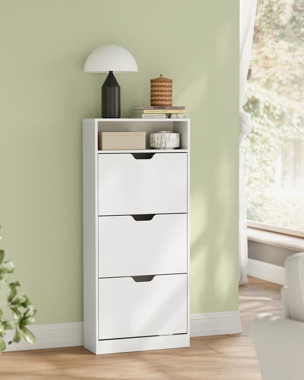 Skoskåp med 3 gångjärnsdörrar, skoställ, öppet fack, justerbar avdelare, 14 till 18 par, för liten entré, 24 x 60 x 139 cm, Cloud White LBC046W01