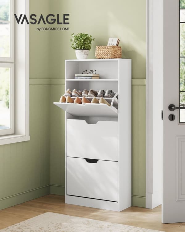 Skoskåp med 3 gångjärnsdörrar, skoställ, öppet fack, justerbar avdelare, 14 till 18 par, för liten entré, 24 x 60 x 139 cm, Cloud White LBC046W01