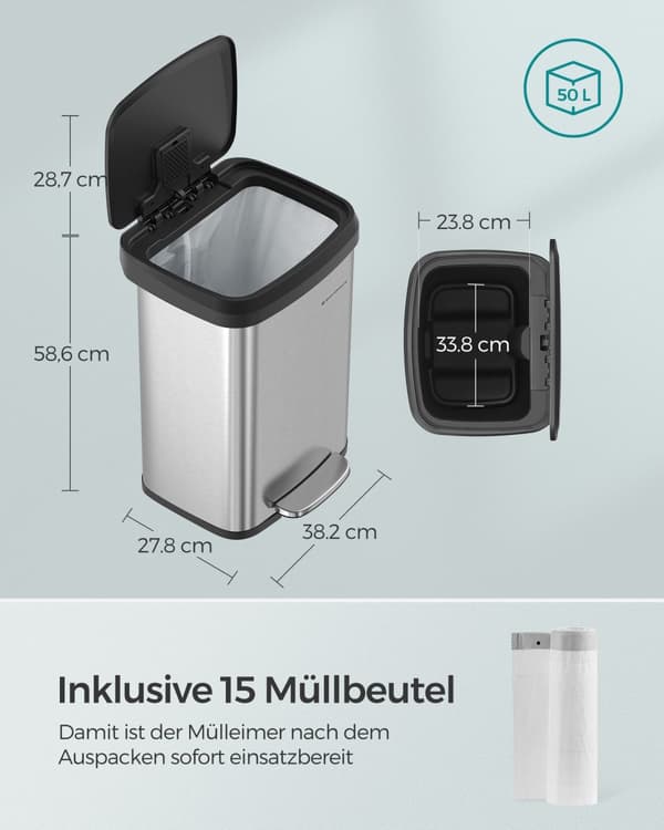 Köksavfallskorg, 50L papperskorg, metallpedal med lock, hög och stor, silver och svart