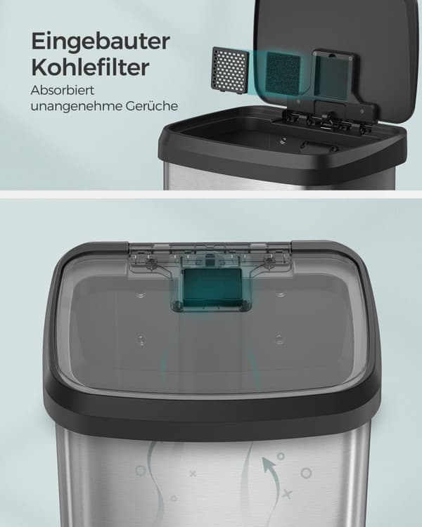 Köksavfallskorg, 50L papperskorg, metallpedal med lock, hög och stor, silver och svart