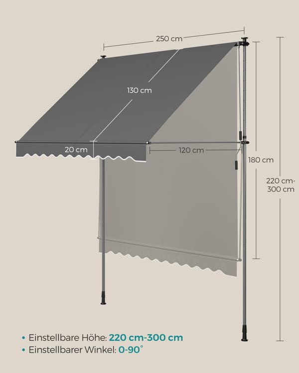 Klämbar markis med handvev 250 x 120 cm antracit