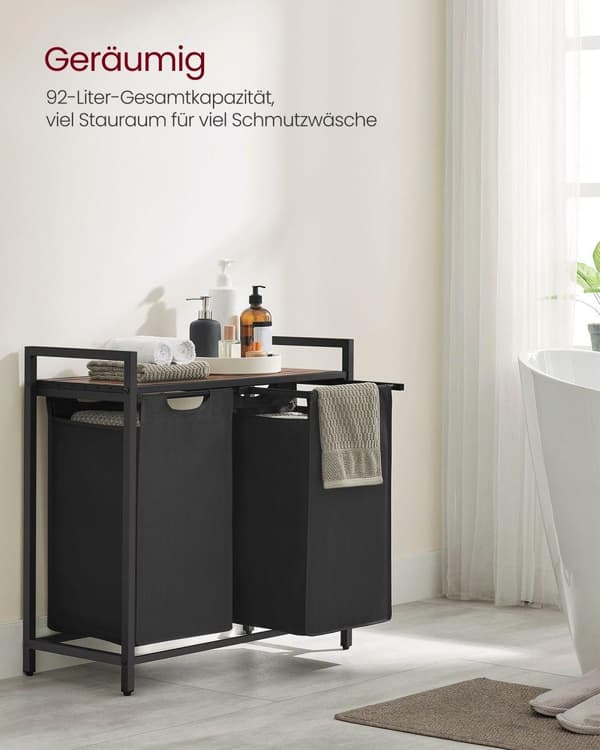 , 2 helposti ulosvedettävää ja irrotettavaa pesupussia Oxford-kangasta, metallirunko, 2 x 46 L, 73 x 33 x 72 cm, ruskea ja musta BLH201B0
