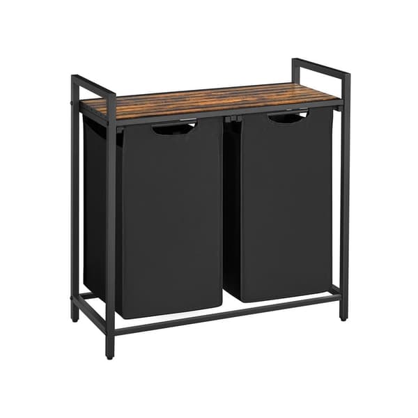 Tvättkorg, tvättkorg, 2 lätt utdragbara och avtagbara tvättsäckar i Oxford-tyg, metallram, 2 x 46 L, 73 x 33 x 72 cm, rustikt brun och svart BLH201B0