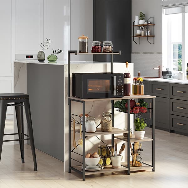 Baker's Rack med hylder, mikrobølgestativ med trådkurv, 6 S-kroge, køkkenhylde, praktisk opbevaring til krydderier, gryder og pander, Greige og sort