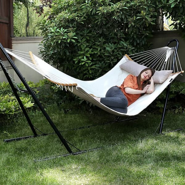 Pehmustettu kaksinkertainen riippumatto, tikattu riippumatto, jossa on irrotettava kaareva bambu Spreader Bars, Swing Bed tyynyllä, Oxford kangas, 20