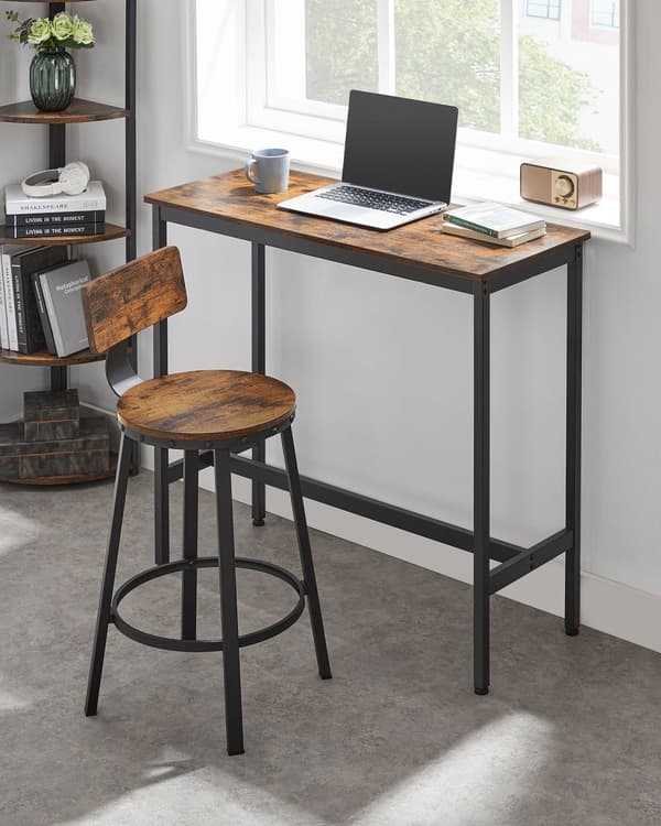 Barstolar, köksstolar, Set med 2 höga barstolar med ryggstöd, stålram, 62,5 cm hög sits, enkel montering, industriellt, rustikt brunt och svart LBC07