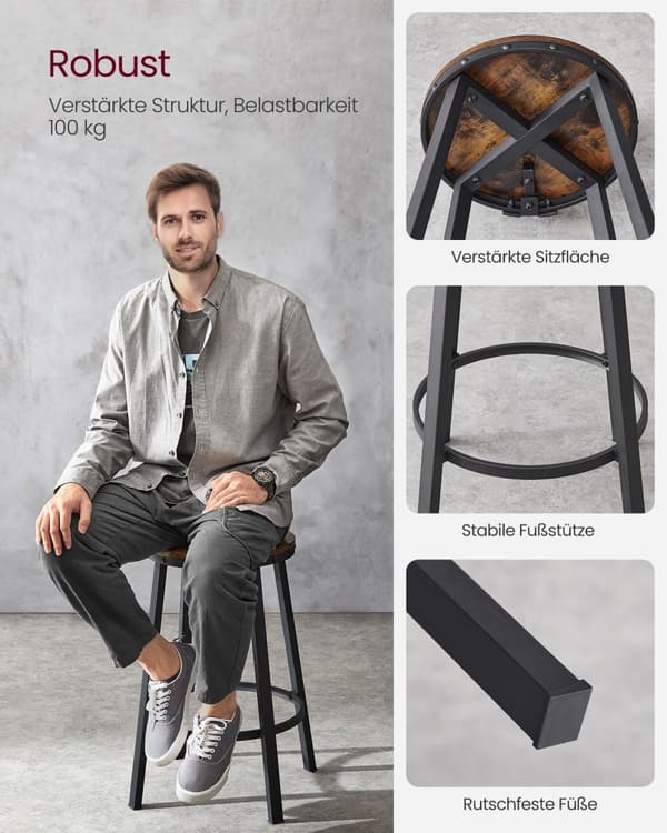 Barstolar, köksstolar, Set med 2 höga barstolar med ryggstöd, stålram, 62,5 cm hög sits, enkel montering, industriellt, rustikt brunt och svart LBC07