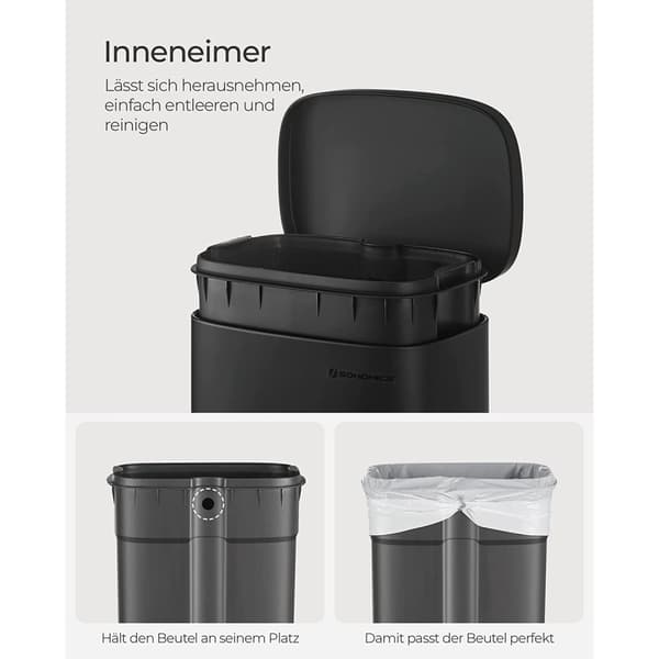 Köksavfallskorg 30L, pedal, papperskorg med mjukstängande lock och innerhink, stål, svart LTB03BK