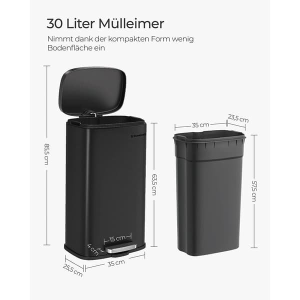 Köksavfallskorg 30L, pedal, papperskorg med mjukstängande lock och innerhink, stål, svart LTB03BK