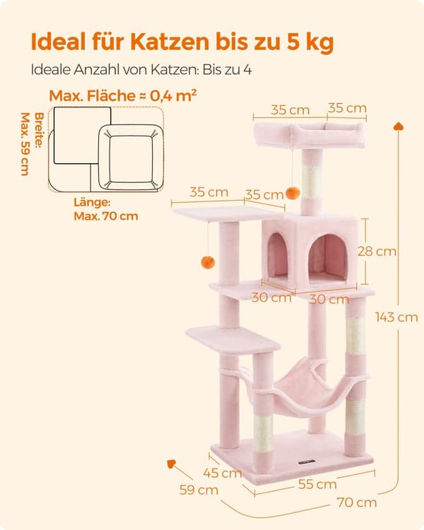 Klösbräda 143 cm hög med 2 plattformar och hängmatta pastellrosa