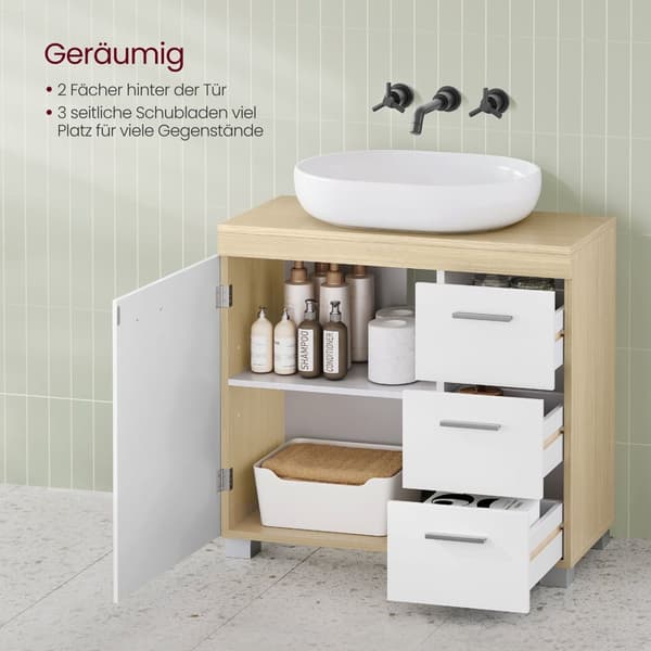 BBK503K01 Tvättställsskåp med 3 stora lådor, badrumsskåp, 2 fack bakom dörren, badrumsskåp med fötter, 30 x 70 x 64 cm, Cloud White/Natural Beige
