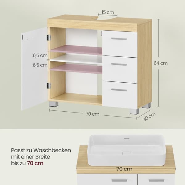 BBK503K01 Tvättställsskåp med 3 stora lådor, badrumsskåp, 2 fack bakom dörren, badrumsskåp med fötter, 30 x 70 x 64 cm, Cloud White/Natural Beige