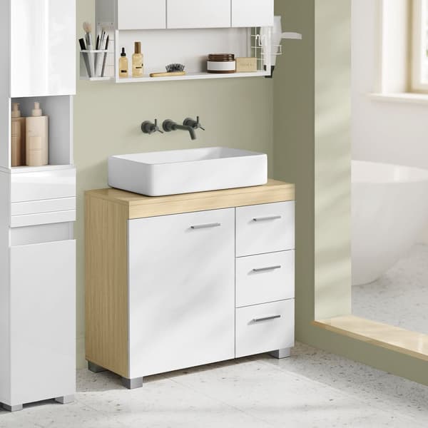 BBK503K01 Tvättställsskåp med 3 stora lådor, badrumsskåp, 2 fack bakom dörren, badrumsskåp med fötter, 30 x 70 x 64 cm, Cloud White/Natural Beige
