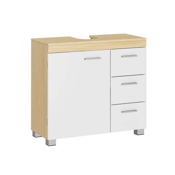 BBK503K01 Tvättställsskåp med 3 stora lådor, badrumsskåp, 2 fack bakom dörren, badrumsskåp med fötter, 30 x 70 x 64 cm, Cloud White/Natural Beige