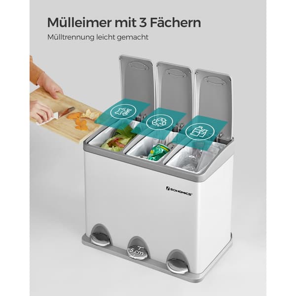 Pedalspand, 3 x 8L genbrugsspand, metalskraldespand med 3 rum, affaldssortering til køkkenet, inkluderer 15 affaldsposer, nem at rengøre, stål, hvid