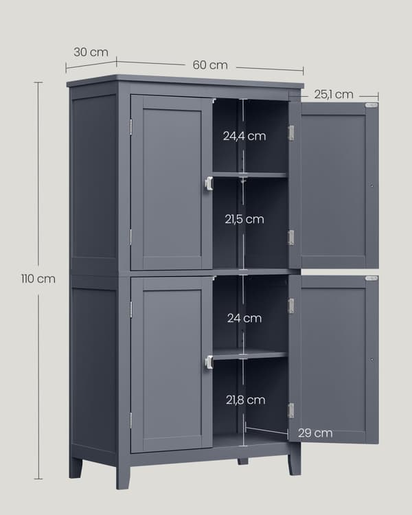 Opbevaringsskab på badeværelsesgulvet, fritstående skab med 4 døre, justerbare hylder, 11,8 x 23,6 x 43,3 tommer, skifergrå BBC552G01