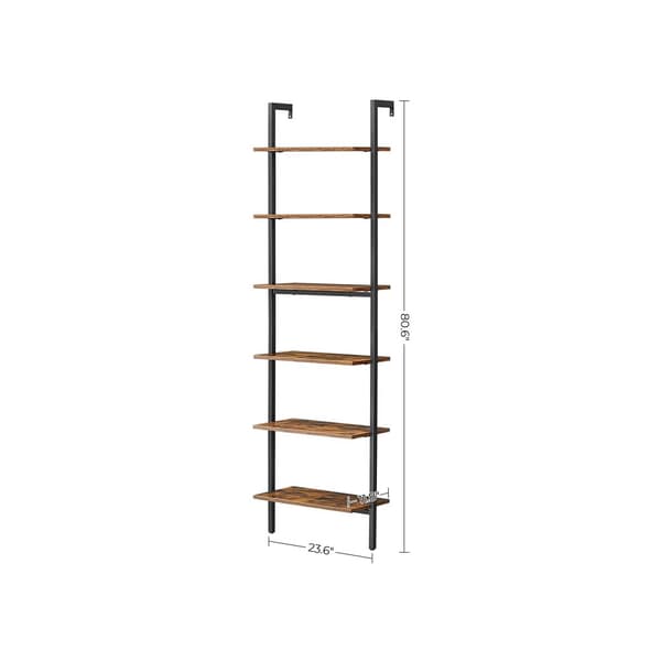 Ladderhylla, 6-facks bokhylla, vägghylla för vardagsrum, kontor, kök, sovrum, 60 x 30 x 204,8 cm, industriell, rustik brun och svart LLS103B01