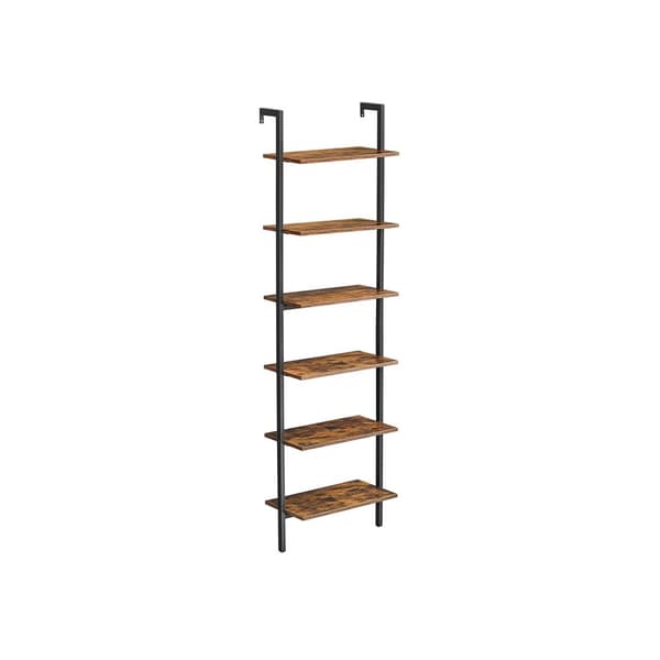 Ladderhylla, 6-facks bokhylla, vägghylla för vardagsrum, kontor, kök, sovrum, 60 x 30 x 204,8 cm, industriell, rustik brun och svart LLS103B01