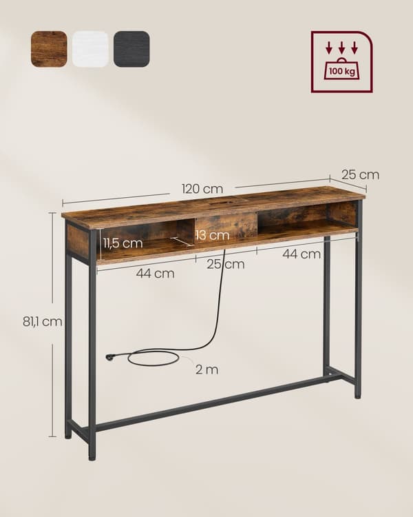 Slank konsolbord med strømskinne, sofabord med 2 rum, skjult opbevaring, pladsbesparende, 25 x 120 x 81 cm, til entré, stue, rustik brun og blæksort