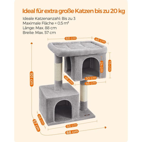 Feandrea Kissapuu, 101 cm:n kissatorni, XL, kissakodin erittäin suurille kissoille jopa 20 kg:n painoon asti, suuri kissan istuin, 2 kissan luolaa, r