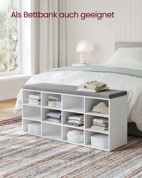 Skobänk med dyna, förvaringsbänk med vadderad sits, entrébänk med 12 fack, justerbara hyllor, för sovrum, 11,9 x 40,9 x 18,9 tum, vit och grå LHS012W