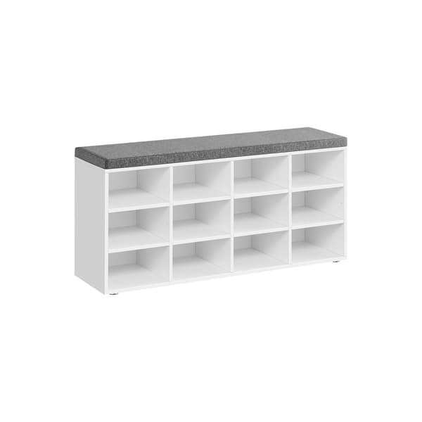 Skobänk med dyna, förvaringsbänk med vadderad sits, entrébänk med 12 fack, justerbara hyllor, för sovrum, 11,9 x 40,9 x 18,9 tum, vit och grå LHS012W