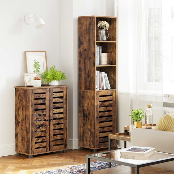Golvskåp för badrum, förvaringsskåp, multifunktionsskåp, med 2 lamelldörrar, justerbart hyllplan, sideboard, för sovrum, vardagsrum, kök, rustikt bru