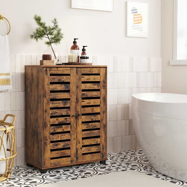 Golvskåp för badrum, förvaringsskåp, multifunktionsskåp, med 2 lamelldörrar, justerbart hyllplan, sideboard, för sovrum, vardagsrum, kök, rustikt bru