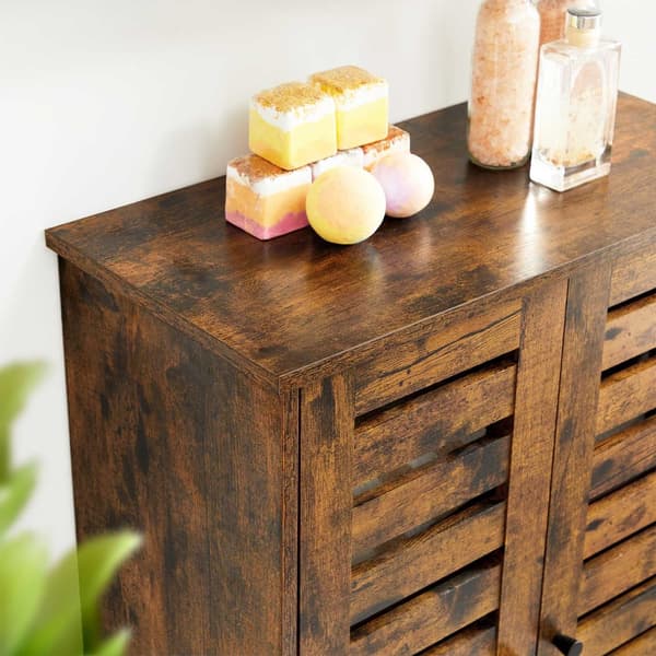 Golvskåp för badrum, förvaringsskåp, multifunktionsskåp, med 2 lamelldörrar, justerbart hyllplan, sideboard, för sovrum, vardagsrum, kök, rustikt bru